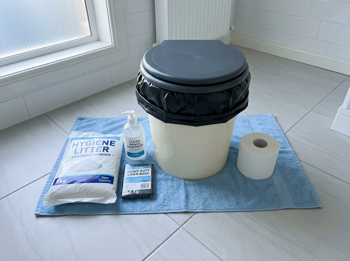 Emergency toilet setup assembled neatly on a bathroom floor