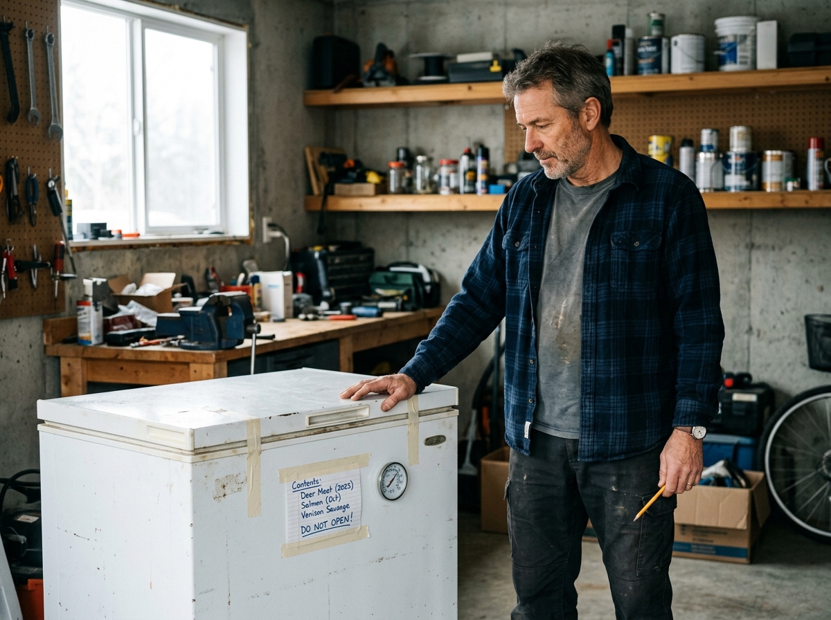 Man checking a note on a chest freezer