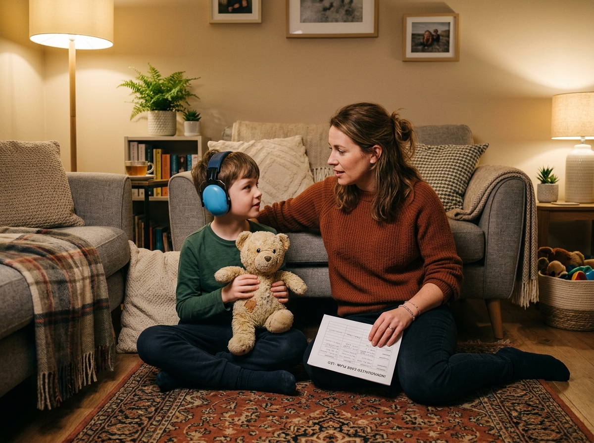 Mother talking gently with her son during a home emergency