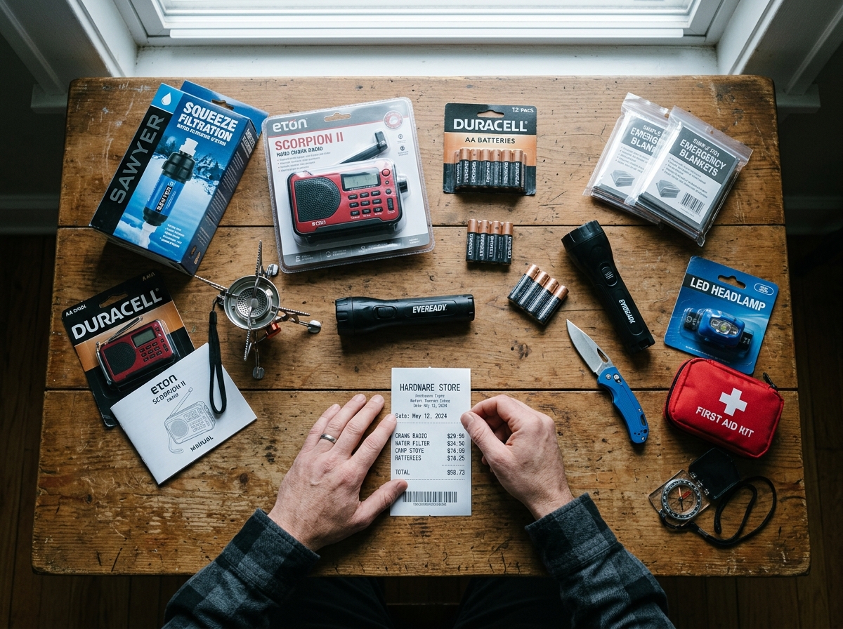 Emergency gear laid out on a wooden table with a receipt
