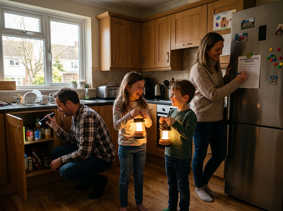 Family practicing a blackout drill with lanterns