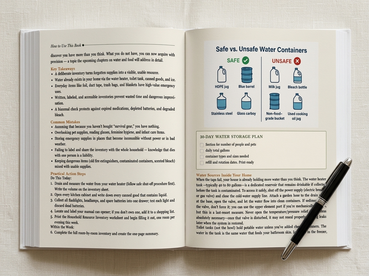 Open survival guide showing the water storage lesson