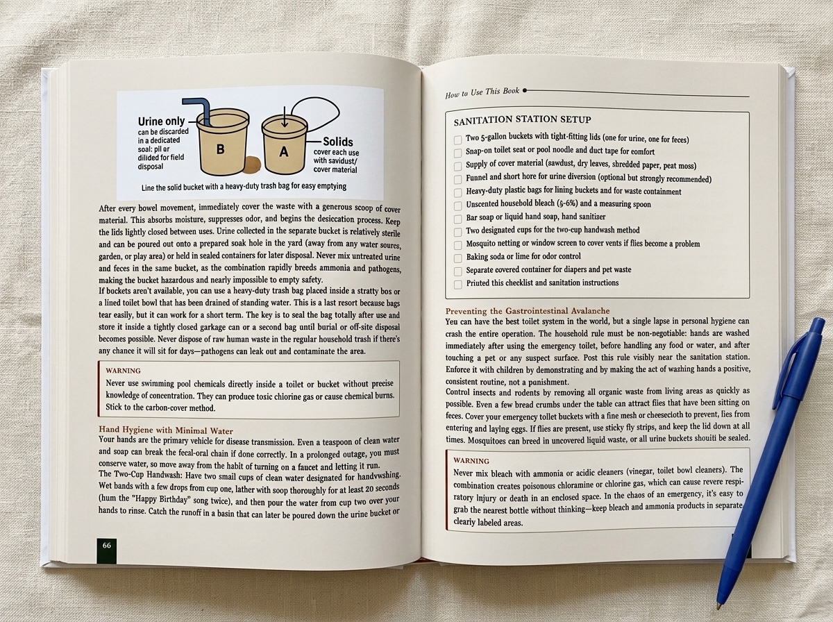 Open survival guide showing the sanitation checklist lesson