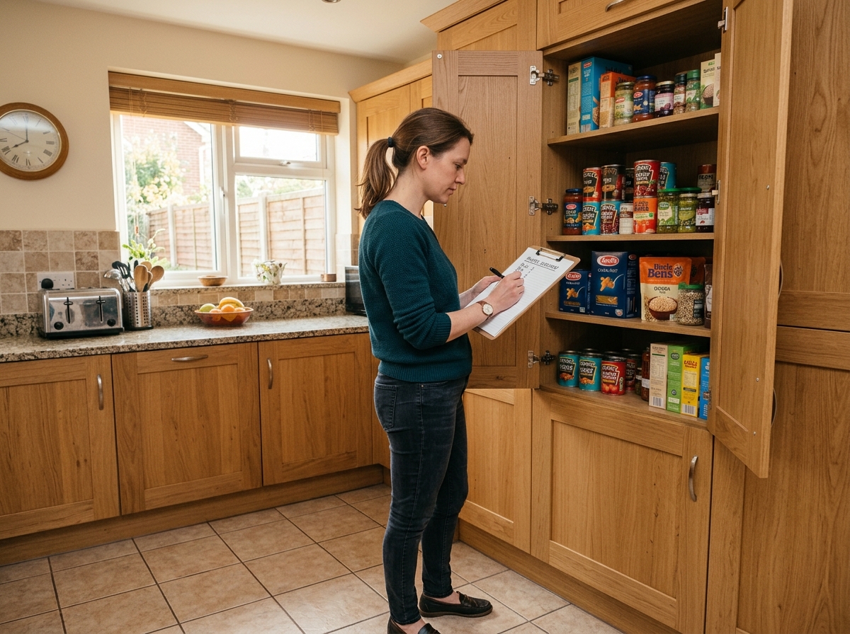 Woman taking inventory of food in a kitchen cupboard