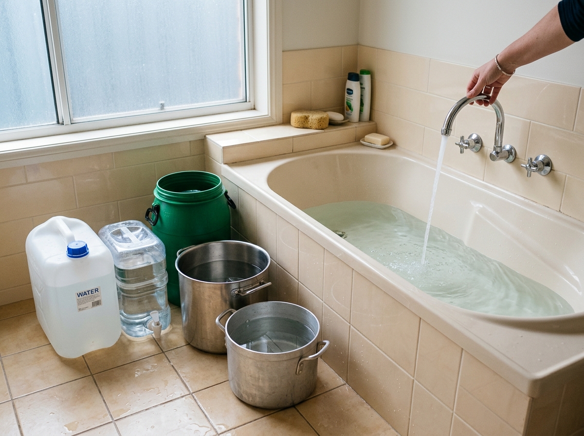 Bathtub and household containers being filled with water