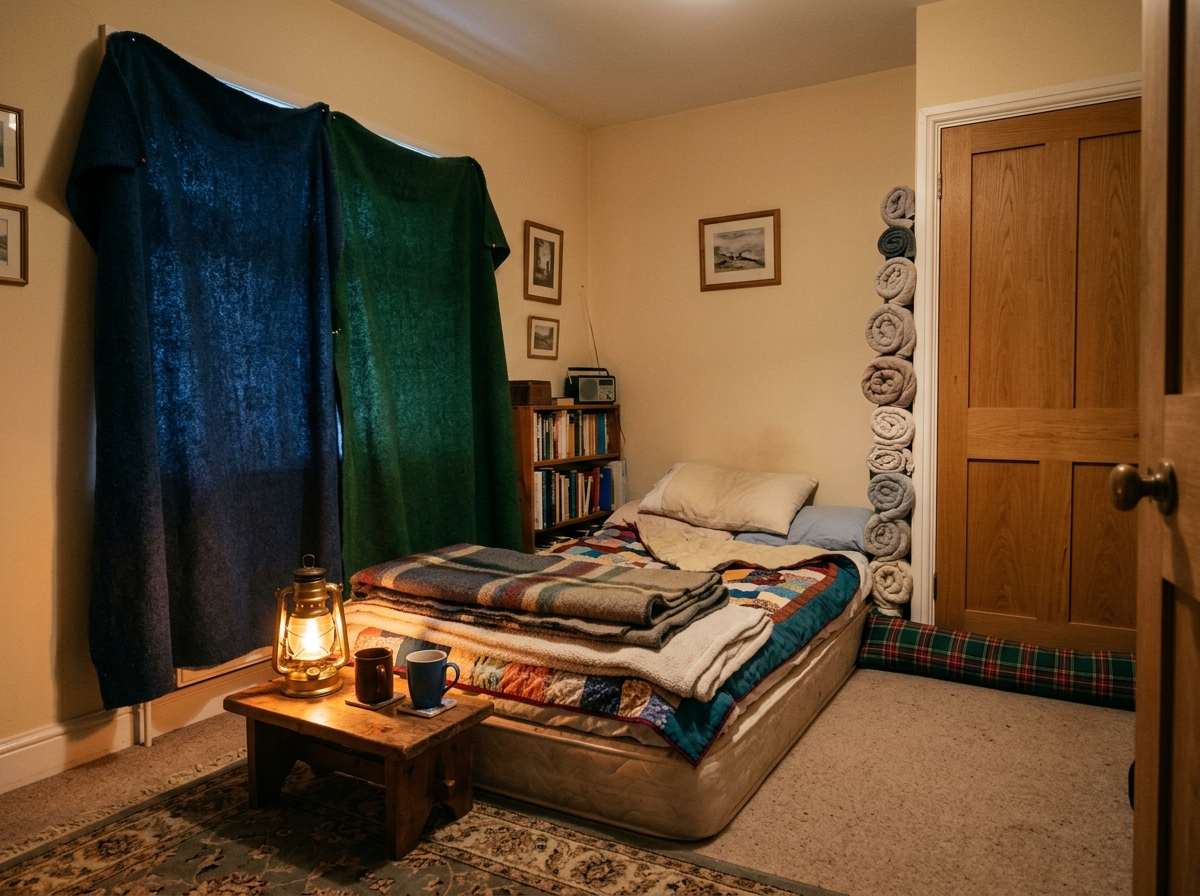Cosy room prepared for cold with blankets and a lantern
